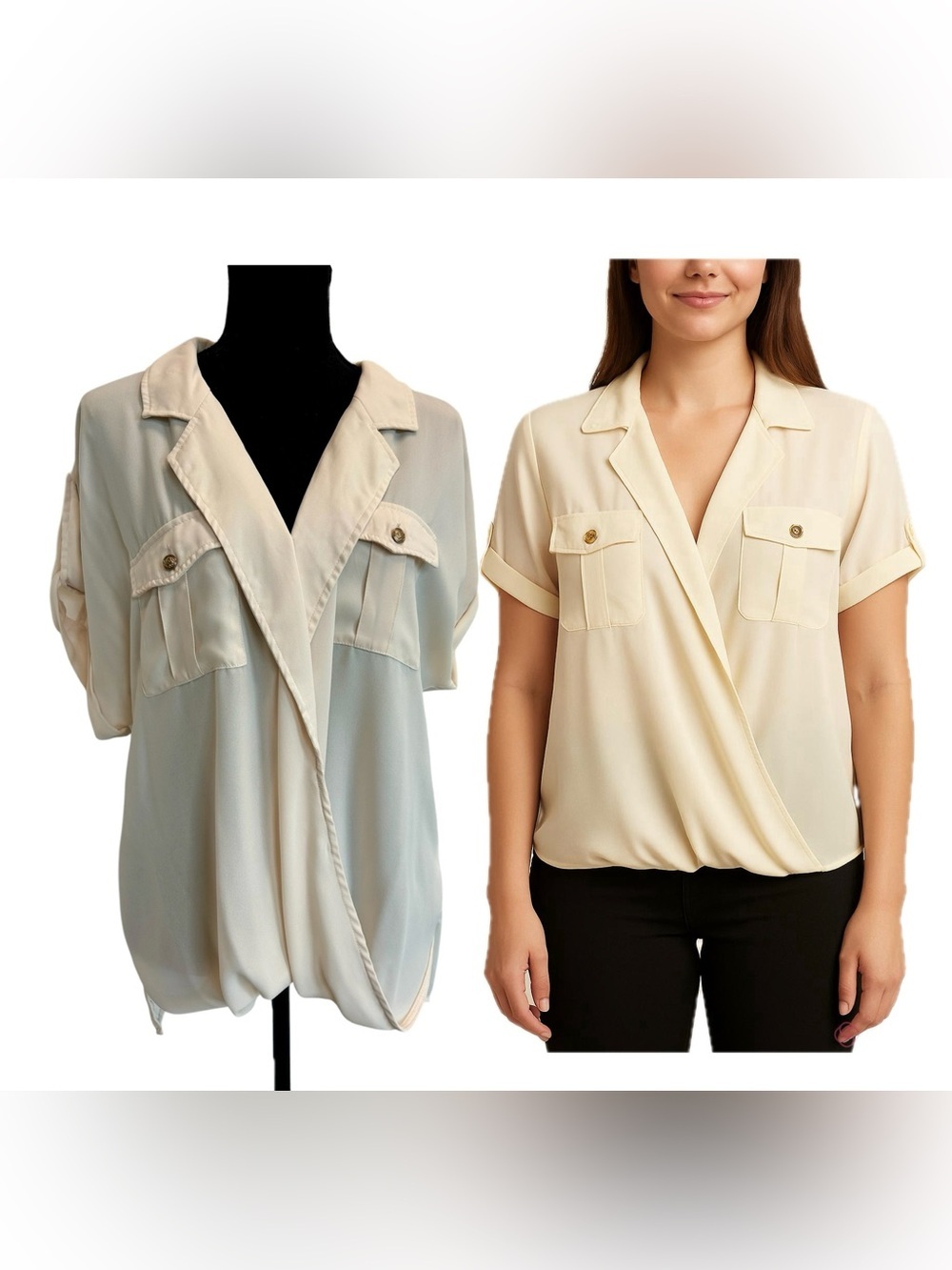 Dynamite light Cream chiffon draped wrap V-neck Button-Pocket Blouse roll tab L